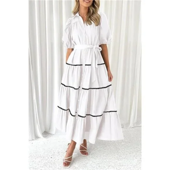 Women's Button Down Shirt Dress Short Puffy Sleeve Tiered Ruffle Flowy Long Maxi - Picture 4 of 6